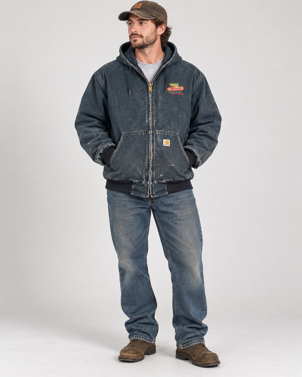 90s Carhartt Jacket Faded Black Distressed DEKALB Workwear Grunge Thrashed